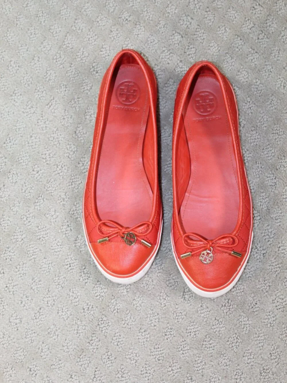 Tory Burch Sz 8 Cap-Toe Ballet Flat Patent Leather/Quilt Leather Coral Crush